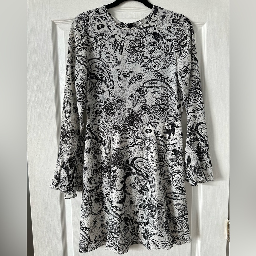Cute paisley long sleeve fit and flare dress with flounce sleeves